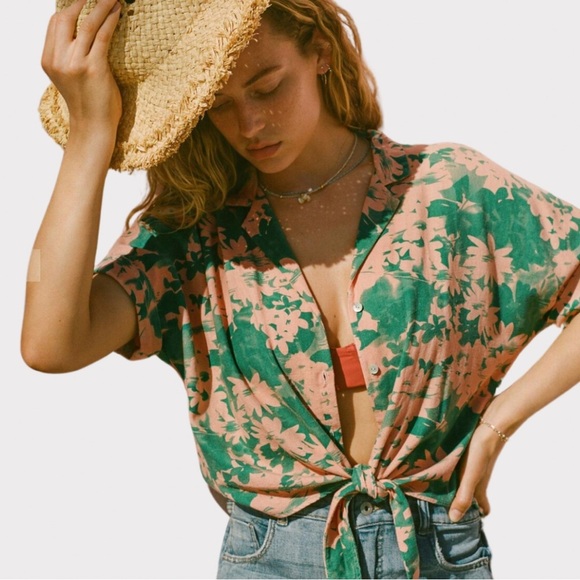 Amadi | Anthropologie | Maia Tie-Front Blouse | Linen Blend | Pink & Green | M - Picture 1 of 13